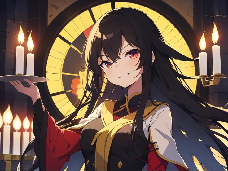 bright look，The smile is bright，Long black hair shawl。She loves to tease，And with a smug look。Dressed in brightly colored court costumes。Background with：Inside the magnificent palace，Candles flicker，The atmosphere seemed warm and oppressive。