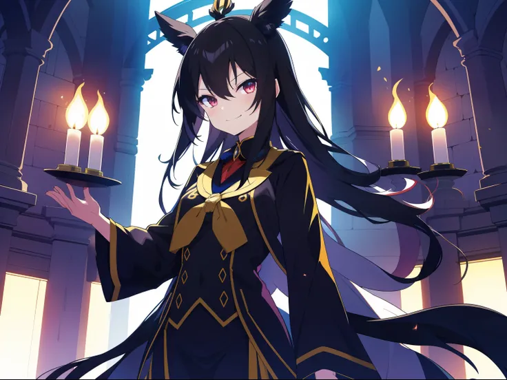 bright look，The smile is bright，Long black hair shawl。She loves to tease，And with a smug look。Dressed in brightly colored court costumes。Background with：Inside the magnificent palace，Candles flicker，The atmosphere seemed warm and oppressive。