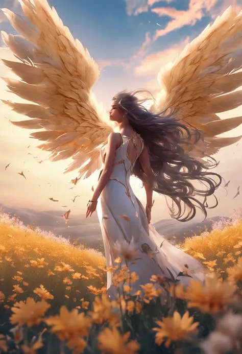 A beautiful valkyrie in a field of flowers, angel wings on her back, feathers flying in the wind, full body, golden hour, anime style