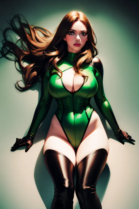 a beautiful superheroine, has brown hair, green eyes, green leotard with a black outer rim, the leotard has an opening on the ch...