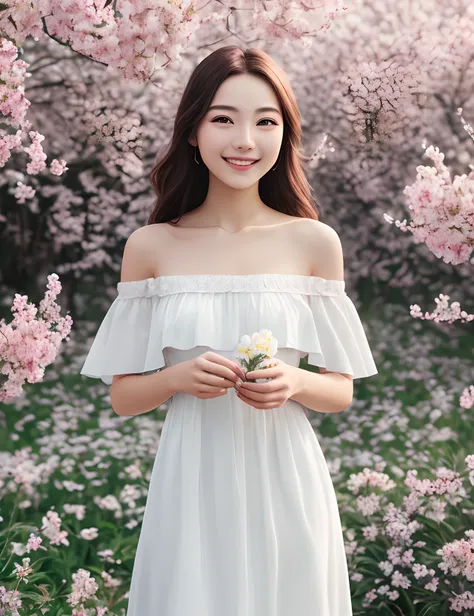 Best quality, masterpiece, ultra high res, (photorealistic:1.4), raw photo, 1girl, white dress, off shoulder, blossom flower field, glowing skin, light smile