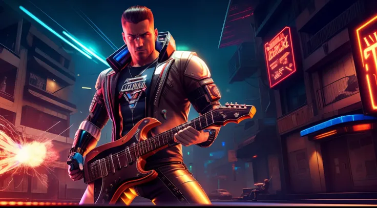 a muscular, cybernetic cockroach with an electric guitar in his right hand and a bottle of whiskey in his left hand in a cyberpunk setting with musical notes exploding around him.