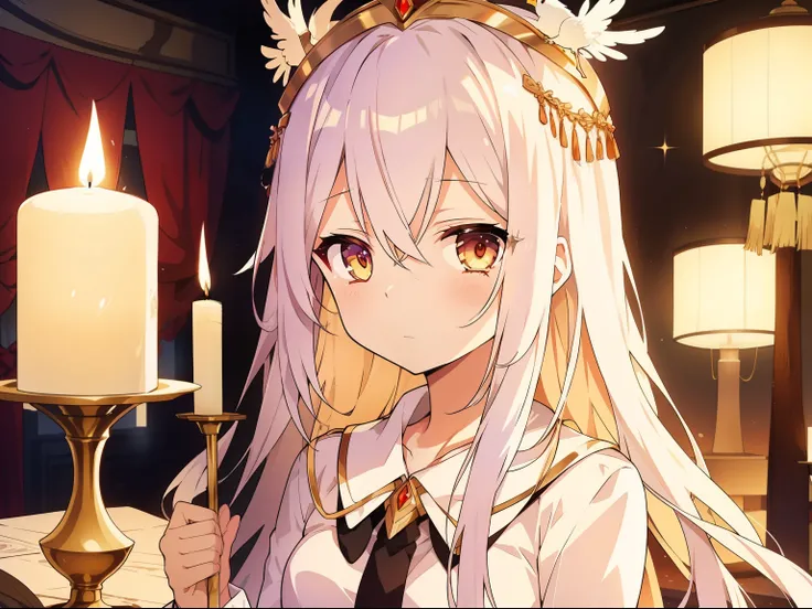 Long white hair shawl，A beautiful face，But the expression is sad，Wearing a gorgeous phoenix crown。The scene can be her dormitory，There was a candlelit atmosphere。