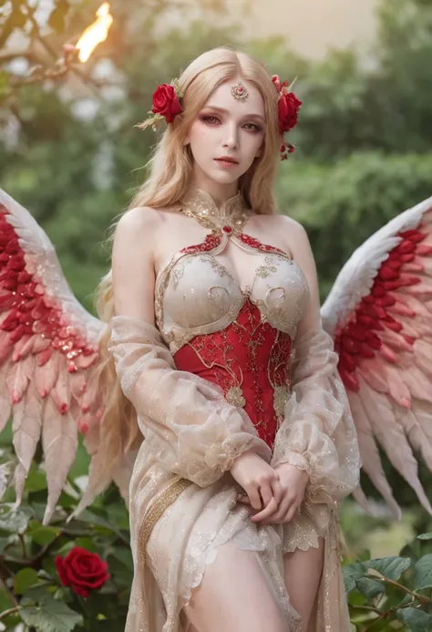 mature_female, YorForger, jewelry, looking at the viewer, hollow, abyss, church, catholic, angel,fairy,universe, glitter, holo, mary, glint, gradient, overlay, shadow, grand, flowers, sparkle flowers, golden hair, (wings), full body, midriff, shirt, red ey...