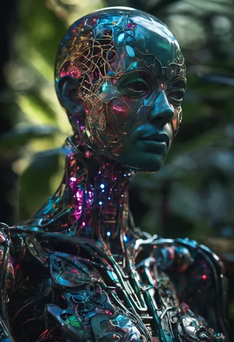 high detailed professional upper body photo of a transparent porcelain android looking at viewer,with glowing backlit panels,anatomical plants,dark forest,night,darkness,grainy,shiny,intricate plant details,with vibrant colors,colorful plumage,bold colors,...