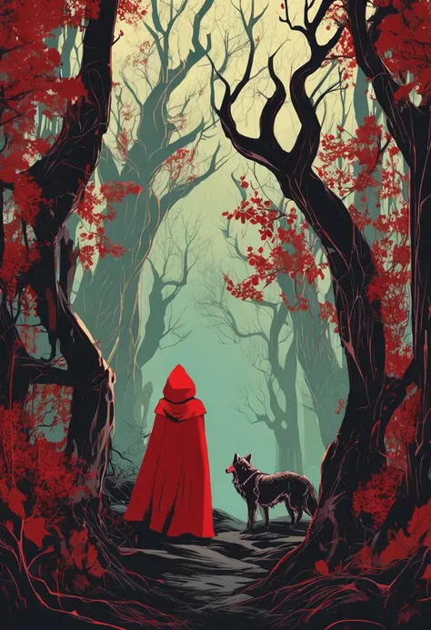 Red Riding Hood meeting the Wolf in a dense, shadowy forest. The surroundings should be filled with tall, twisted trees and a sense of foreboding