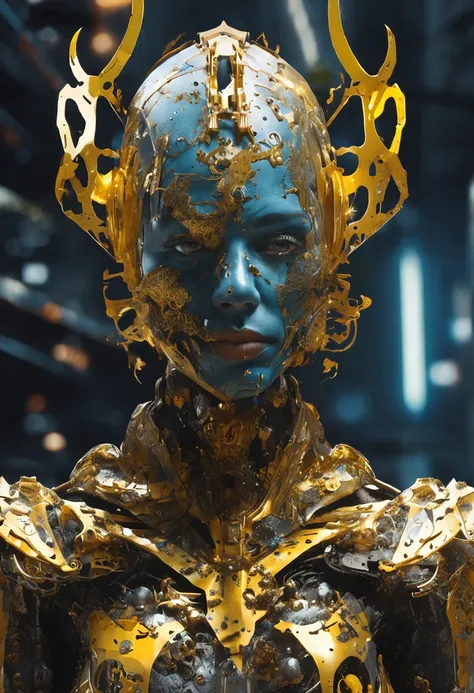 1man, good shape, a surreal paint splatter painting of the kinginyellow wearing a cloak and a mask, antlers, crown, cosmic background, gold and white and black color scheme, a bad woman in a futuristic suit with a ((skeleton head)) ((which disintegrates)),...