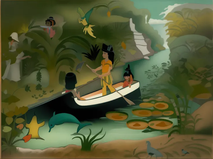 Painting of a woman and two children on a boat on a lagoon, No estilo de Henri Rousseau, inspirado em Henri Rousseau, cena da selva, inspirado em Georges Lacombe, inspirado em Ludwig Bemelmans, em um rio na selva, inspired by Théodore Rousseau, inspirado e...