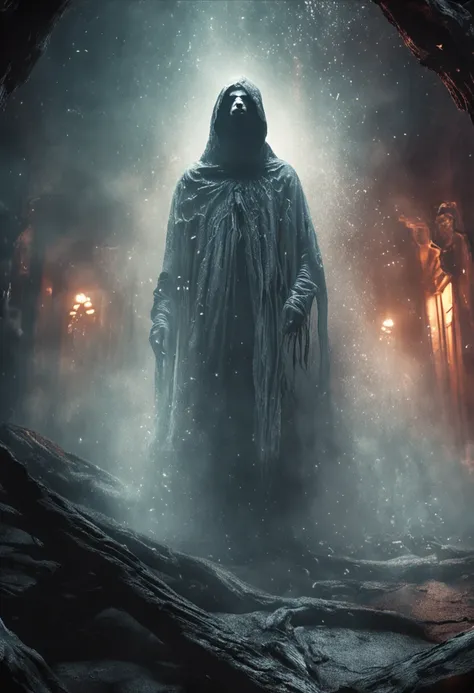 Haunting portrayal of a wraith, its face obscured by ethereal veils, glowing eyes full of sorrow and torment, 8k resolution, the eerie luminescence of its form contrasting the shadows of the underworld it inhabits