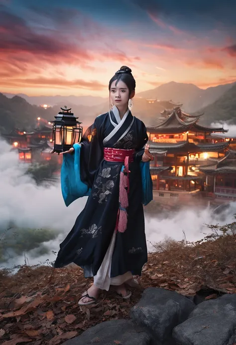 HDR,UHD,8K,Highly detailed,realistic,photo-realistic:1.37),best quality,masterpiece,maomi,lovely,hanfu,black with blue long upper shan,night,lantern,take the sword,