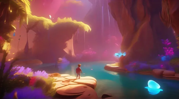 A platform game scenario with the character in the highligh, vibrant colors, volumetric lighting, ray tracing, beautiful nature, Ori and thw Will of the Wisps style