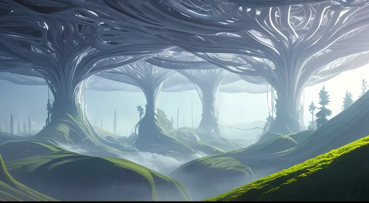 White alien world，Giant vines hang down from the clouds，Alien Chaos landscape，