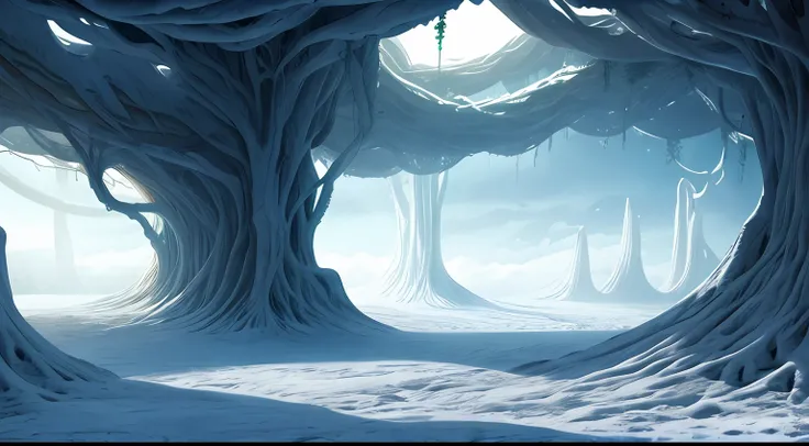 White alien world，Giant vines hang down from the clouds，Alien Chaos landscape，