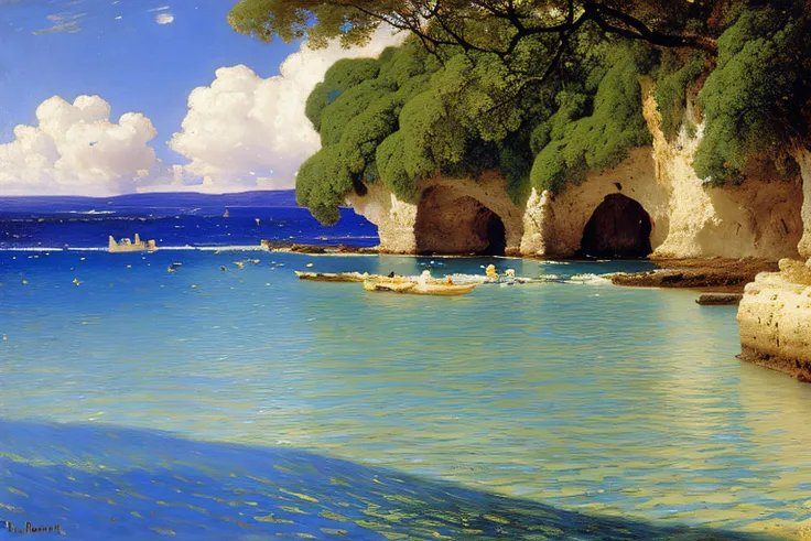 grotte, Cobalt Blue Ocean, fleurs, Village Alma Tadema