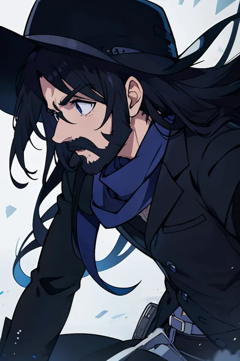 anime, man, fedora, profile, dark blue scarf, black suit, black overcoat, long hair, tiny beard, moustache, black gloves