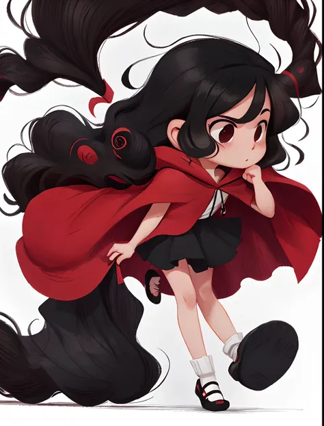 Draw a cartoon girl with a red hooded cape standing in a delicate shoe, long loose curly black hair, curly hair, style 2D, Art 2D mignon, dessin en noir et blanc, In the background a ghost who pursued her