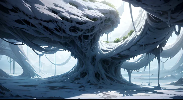 White alien world，Huge vines hang from the clouds，Alien Chaos landscape，