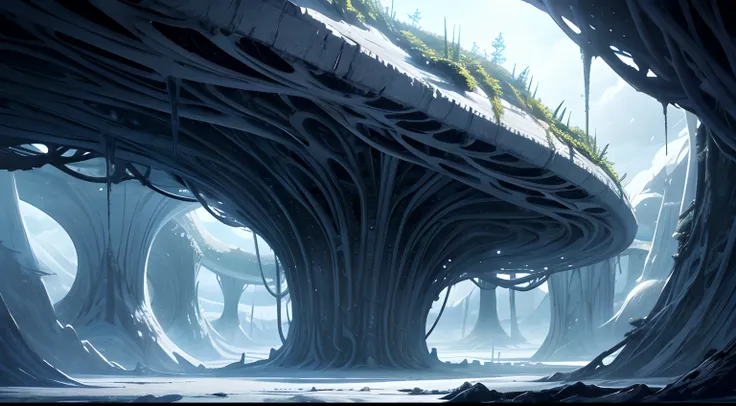 White alien world，Huge vines hang from the clouds，Alien Chaos landscape，