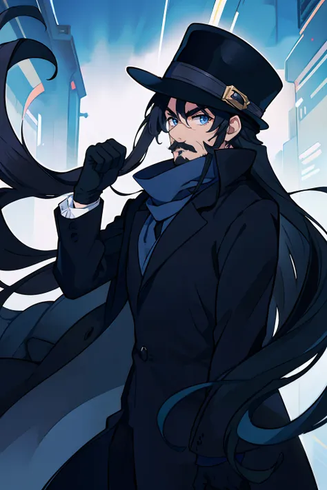 anime, man, fedora, profile, dark blue scarf, black suit, black overcoat, long hair, tiny beard, moustache, black gloves