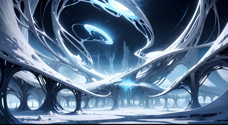 White alien world，Huge vines hang from the clouds，Alien Chaos landscape，