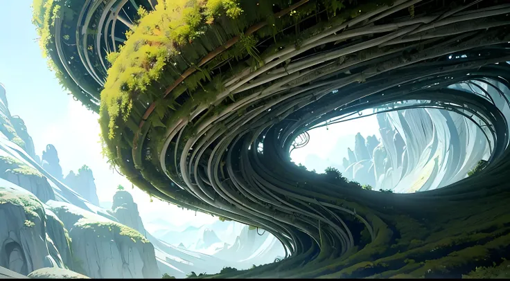 White alien world，Huge vines hang from the clouds，Alien Chaos landscape，