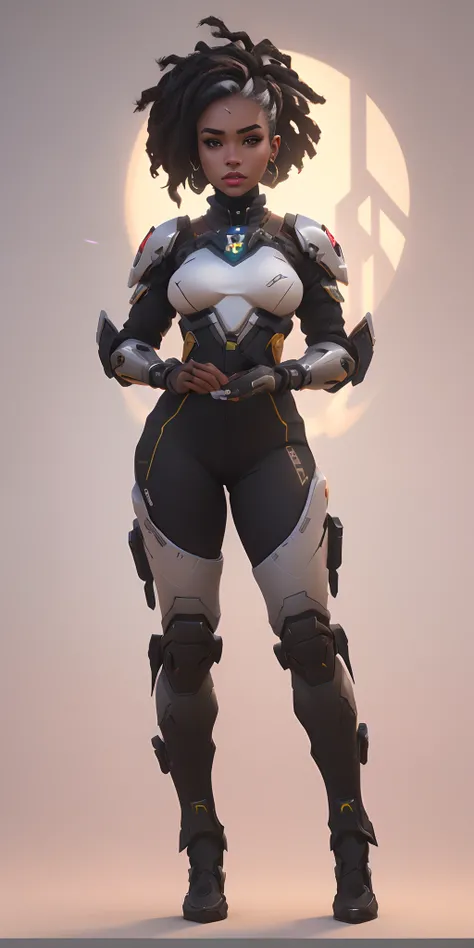 um close up de uma mulher com uma roupa futurista com uma arma, Eco de Overwatch, Como um personagem de Overwatch, sojourn from overwatch, tiro de corpo inteiro hiperdetalhado, full body render, renderizado em octanagem, renderizado em corona, Baptiste de ...