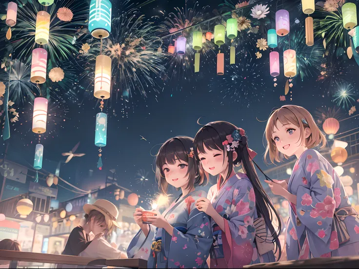 Local summer festival night、Fantastic lights illuminate the surroundings、Teenage girls are going around the stall in yukata and smiling。Im having fun with my friends.、The glow of youth is felt。Dreams and hopes dwell in their eyes、Looking up at the light of...