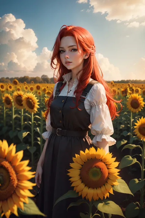 Red-haired woman in a field of sunflowers