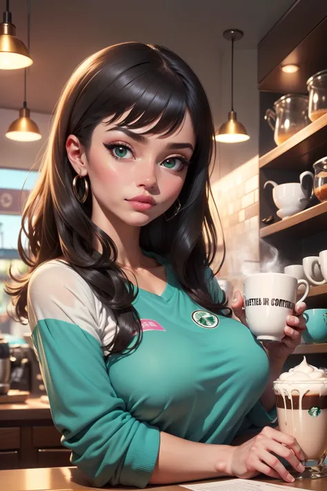 ((master part)), alta qualidade, Very high resolution, tamanho de arquivo grande, Colorido, [corar], cara bonito, alto contraste, High detail, an illustration of a 19-year-old girl working at Starbucks Coffee with aqua eyes with dark brown hair, (seios peq...