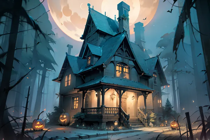 halloween|scene：The surroundings of the house are eerie，There are many pumpkin heads on the side of the road，The picture is in the dark，Dry trees are falling，There are bats flying，The bright moon hangs high。