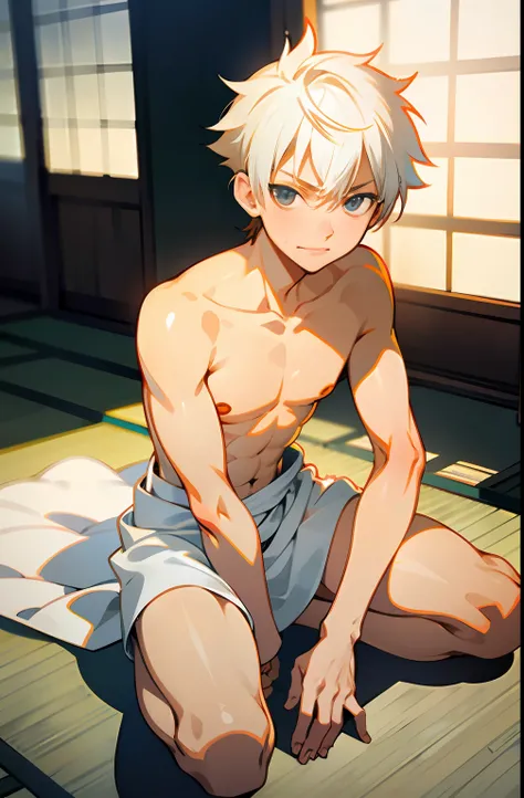 masterpiece, best quality, high quality,  1boy,10yo, , duo, male focus, full body, looking at viewer, white hair,spiky hairstyle, short hair, steam smork, japan style,  anime coloring, shy, home muji style, detailed face, topless, white towel on waist,whit...