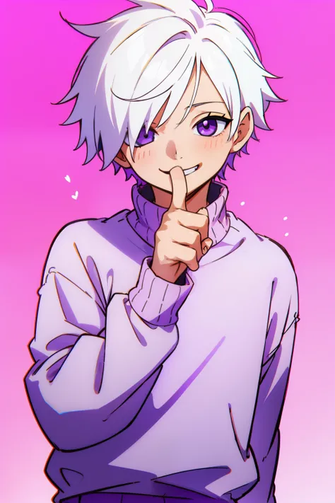 1boy cute chibi white emo hair boy with purple sweater smiling watching to the right