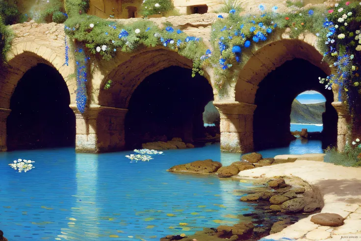 Inner cave, Cobalt Blue Ocean, fleurs, Village Alma Tadema