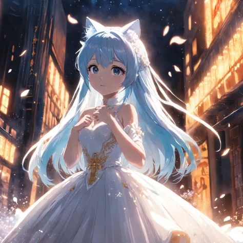 （best qualtiy））， （（tmasterpiece）） Wedding princess dress， ray of lights， lens flare glow， White petals， Long coated cat， Exotic