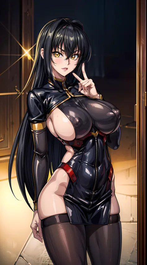 professional artwork, Intricate Details, field of view, sharp focus, detailed painting, photorealistic lighting, trending on pixiv, Standing at attention, black outfit ,yellow collared shirt,black and red bodysuit,skin_tight,black legwear, black pantyhose,...