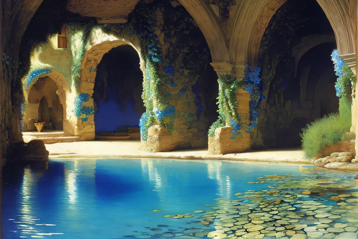 Inner cave, Cobalt Blue Ocean, fleurs, Village Alma Tadema