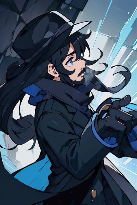 anime, man, moustache, fedora, profile, dark blue scarf, black suit, black overcoat, long hair, tiny beard, black gloves