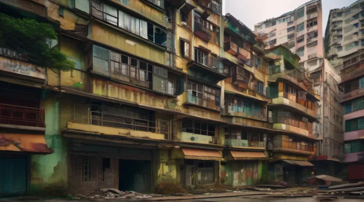 masterpiece, best quality, ultra-sharp, ultra-detailed, abandoned city, ghost town, Hong Kong, no human background, ruined building,