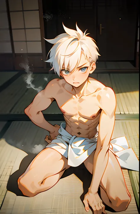 masterpiece, best quality, high quality,  1boy,10yo, , duo, male focus, full body, looking at viewer, white hair,spiky hairstyle, short hair, steam smork, japan style,  anime coloring, shy, home muji style, detailed face, topless, white towel on waist,whit...