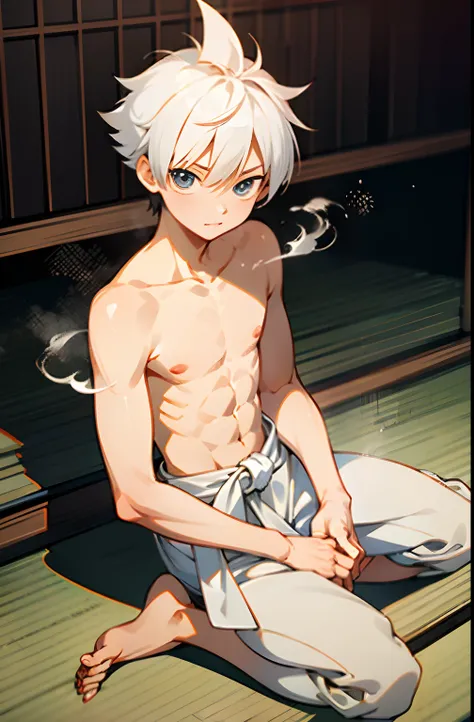 masterpiece, best quality, high quality,  1boy,10yo, , duo, male focus, full body, looking at viewer, white hair,spiky hairstyle, short hair, steam smork, japan style,  anime coloring, shy, home muji style, detailed face, topless, white towel on waist,whit...