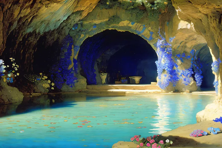 Inner cave, Cobalt Blue Ocean, fleurs, Village Alma Tadema