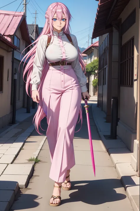 shikimorisan,1girl, pink hair, long hair, blue eyes, hair between eyes, bangs,, smile, walking, monk, brawler, fantasy, rpg, mou...