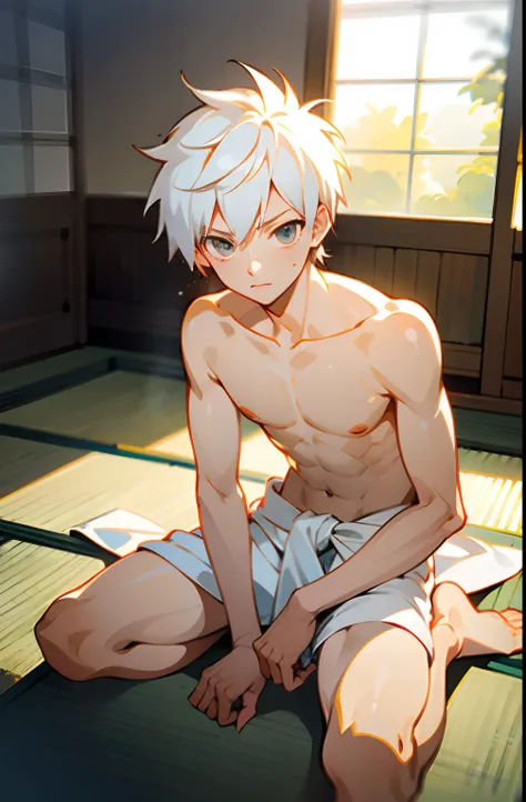 masterpiece, best quality, high quality,  1boy,10yo, , duo, male focus, full body, looking at viewer, white hair,spiky hairstyle, short hair, steam smork, japan style,  anime coloring, shy, home muji style, detailed face, topless, white towel on waist,whit...