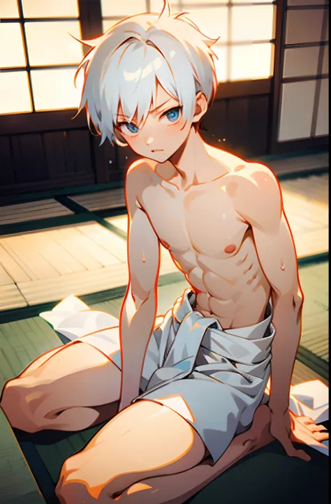 masterpiece, best quality, high quality,  1boy,10yo, , duo, male focus, full body, looking at viewer, white hair,spiky hairstyle, short hair, steam smork, japan style,  anime coloring, shy, home muji style, detailed face, topless, white towel on waist,whit...