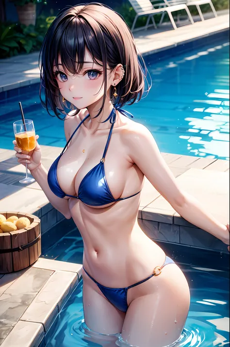 realisitic、top-quality、女の子 1 人、20yr old、Bright flashy hair、piercings、Shy face、Fancy Bikini、beautiful boob 、sexypose、s ass、Example Pool、Particles of light、profetional lighting、blue open sky