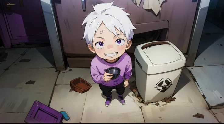 1cute chibi boy white haired emo boy in purple sweater smiling looking into a smelly garbage bin standing near a house