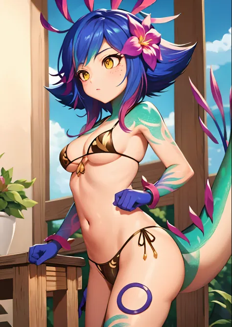 masterpiece, best quality, neeko, hair ornaments, hair flower,wood bikini armor, lizard tail, facial marks, NSFW