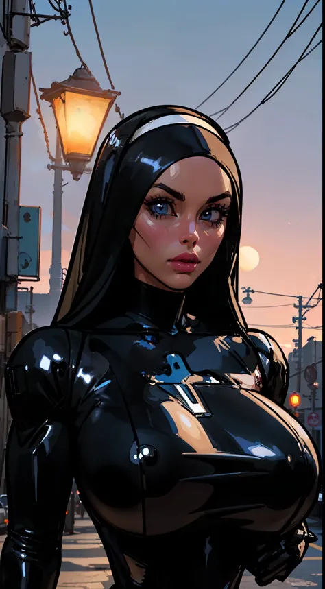 (Android Nun:1.3) 1 Same Girl , Perfect Beautiful , robot Face , ((android woman)),( metallic android , long Hair , Black Gothic Nun Dress , Athletic Body , ((gigantic breasts:1.2)) Extreme Detailed Portrait With Bokeh Effect , Realistic Lighting , Night S...