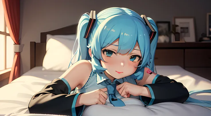 hatsune miku, camisa blanca, falda negra, en la cama, de frente, vista trasera, pelo azul de cola doble, ecchi,