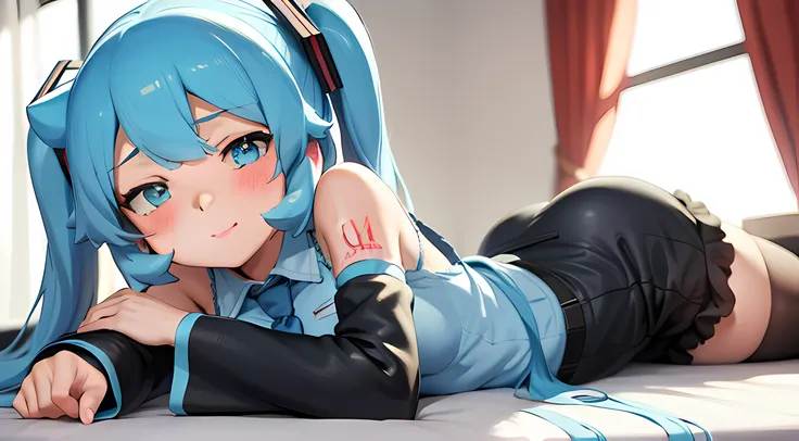 hatsune miku, camisa blanca, falda negra, en la cama, de frente, vista trasera, Pelo azul de cola doble, Ecchi,